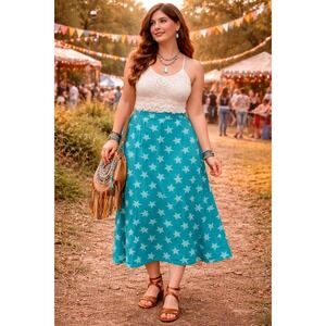 Boho Festival Travel Teal Green White Star Tubedress Foldover Waist M Maxi Skirt